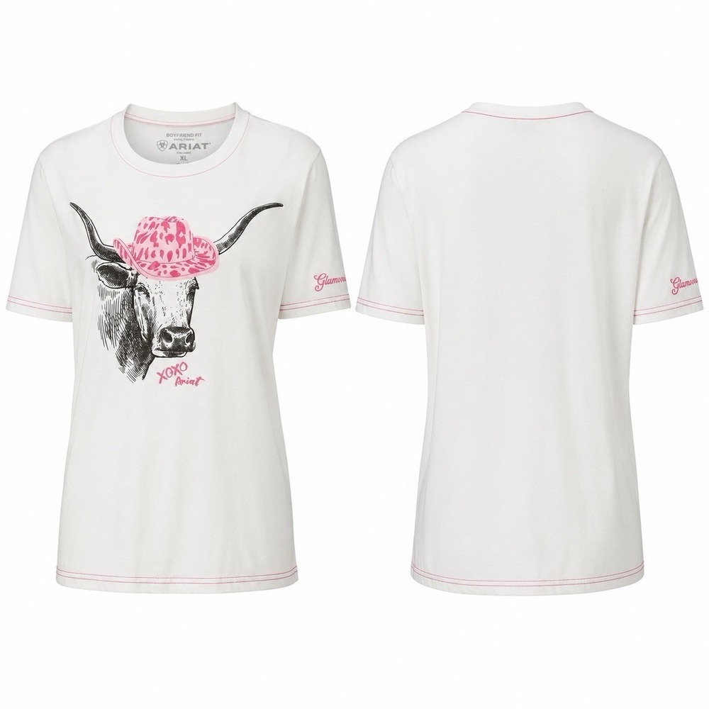 Ariat Glamoorous Longhorn Graphic Tee Women XL Boyfriend Fit 10048695 White Pink